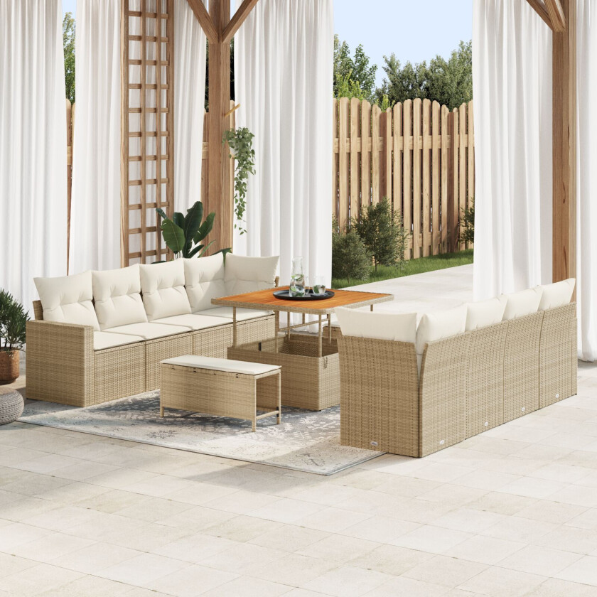 11-delt hage-sofa-sett med puter beige poly-rattan akacia, 3-delt hage-spisesett med puter beige poly-rattan akacia