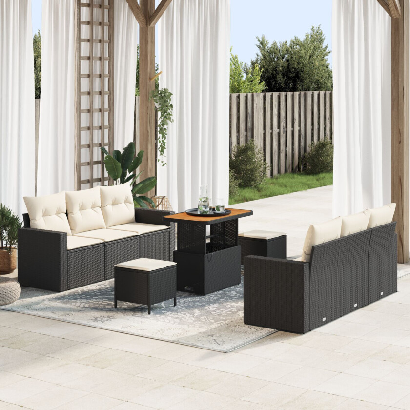 9-delt Hage Sofa Set med Puter Svart Poly Rattan Akacia, 3-delt Hage Spisestue Set med Puter Svart Poly Rattan Akacia