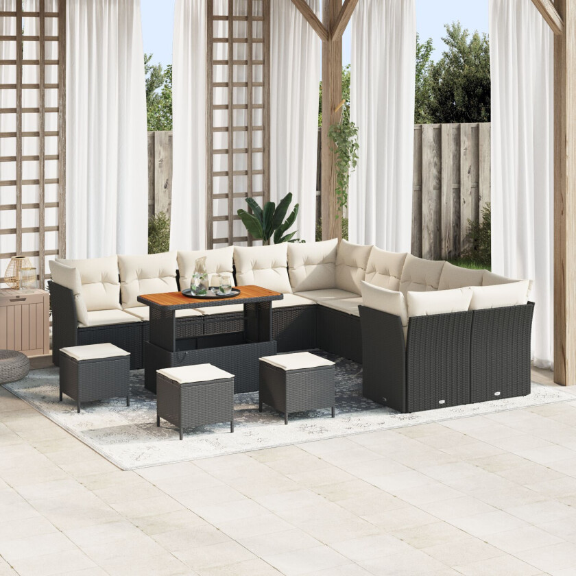 13 Delers Hage Sofa Sett med Puter Svart Poly Rattan Akasie, 3 Delers Hage Spise Sett med Puter Svart Poly Rattan Akasie