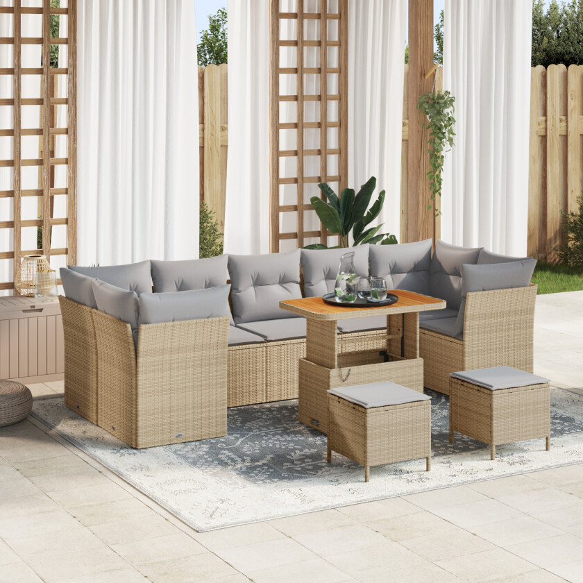 10 Delt Hage Sofa Sett med Puter Beige Poly Rattan Akasia, 3 Delt Hage Spise Sett med Puter Beige Poly Rattan Akasia