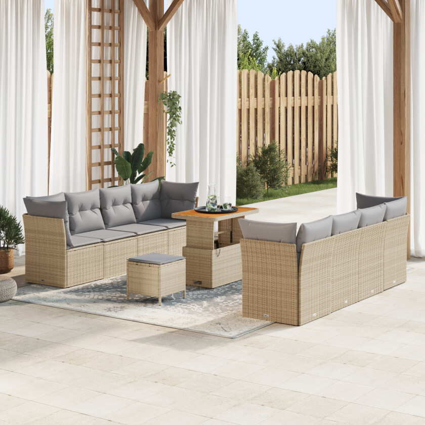 11-delt hage-sofa-sett med puter beige poly rattan akacia, 3-delt hage-spisemøbel-sett med puter beige poly rattan akacia