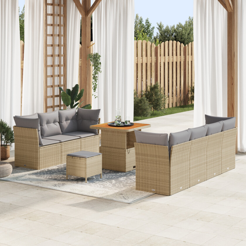 10-delt hagesofa-sett med puter Beige Poly Rattan Akasia, 3-delt hage spise-sett med puter Beige Poly Rattan Akasia