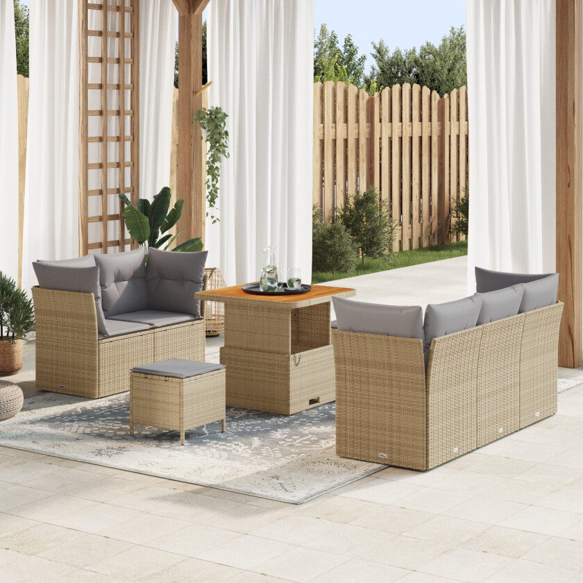 8-delt Hagesofa Sett med Puter Beige Poly Rattan Akasie, 3-delt Hage Spise Sett med Puter Beige Poly Rattan Akasie