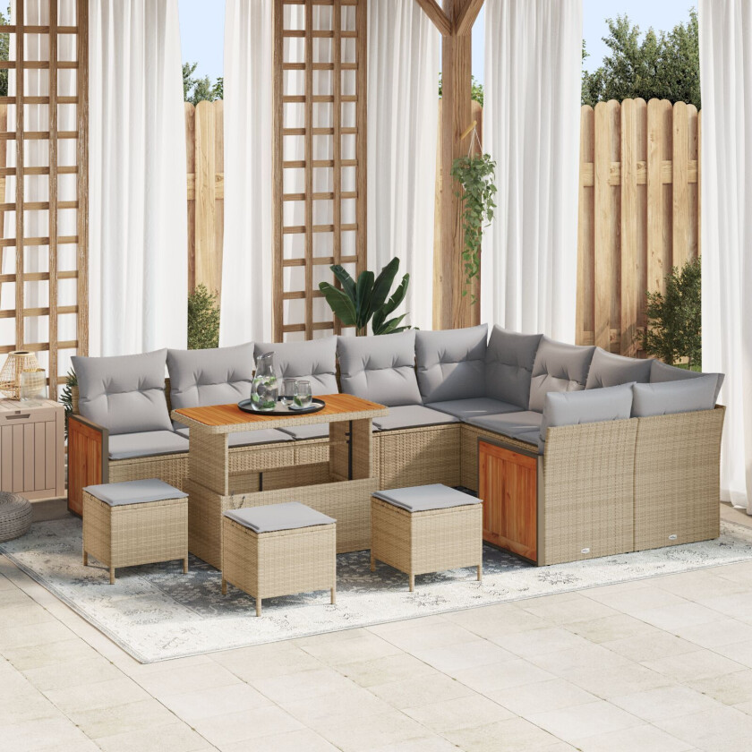 12-delt hagesofa-sett med puter Beige Poly Rattan Akasie, 3-delt hagedining-sett med puter Beige Poly Rattan Akasie, 2-seters hagesofa med puter Beige Poly Rattan