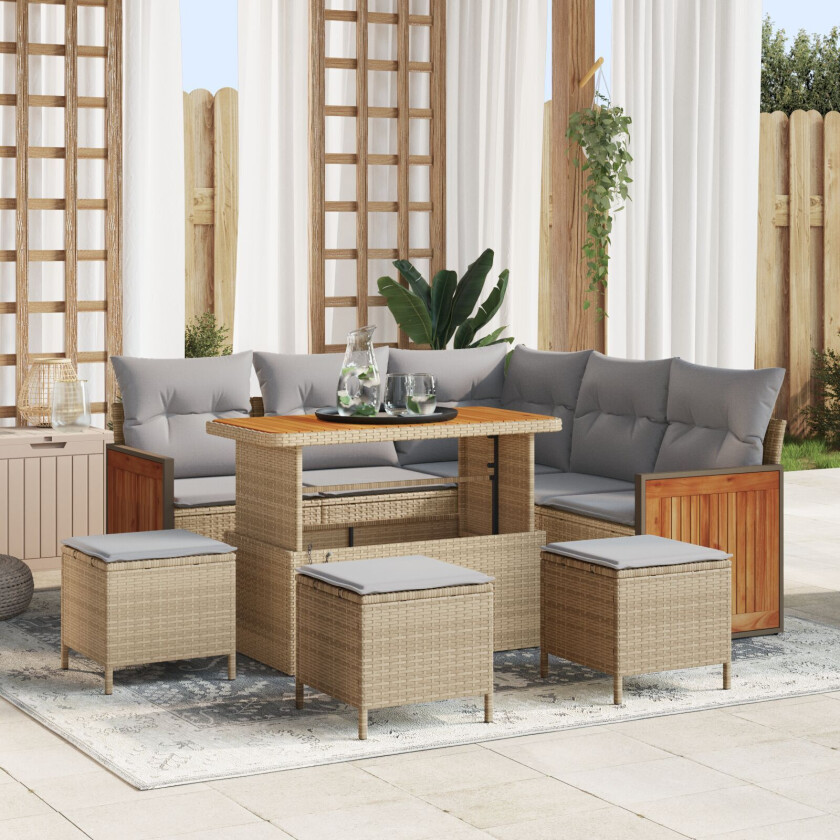 9 Delers Hage Sofa Sett med Puter Beige Poly Rattan Akasie, 2-seters Hage Sofa med Puter Beige Poly Rattan, 4 Delers Hage Spise Sett med Puter Beige Poly Rattan Akasie