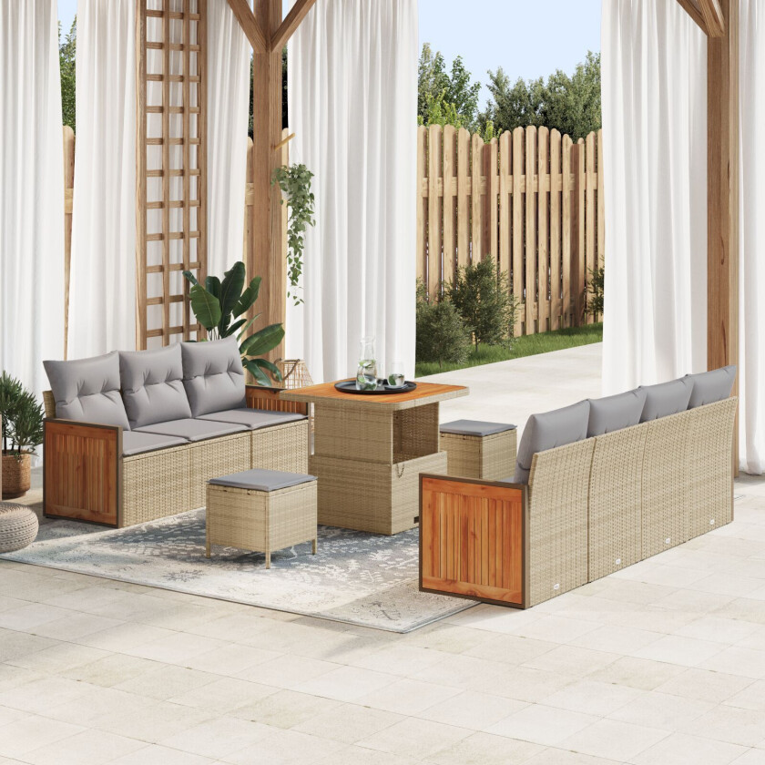 10-delt Hage Sofa Set med Puter Beige Poly Rattan Akasie, 2-seters Hage Sofa med Puter Beige Poly Rattan, 3-delt Hage Spisebord Set med Puter Beige Poly Rattan Akasie