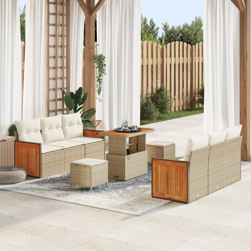 9 Delt Hage Sofa Set med Puter Beige Poly Rattan Akasie, 2-seter Hage Sofa med Puter Beige Poly Rattan, 3 Delt Hage Diningset med Puter Beige Poly Rattan Akasie