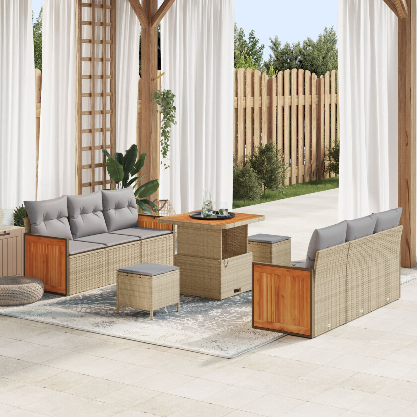 9-delt Hage Sofa Set med Puter Beige Poly Rattan Akasie, 2-seters Hage Sofa med Puter Beige Poly Rattan, 3-delt Hage Spisesett med Puter Beige Poly Rattan Akasie