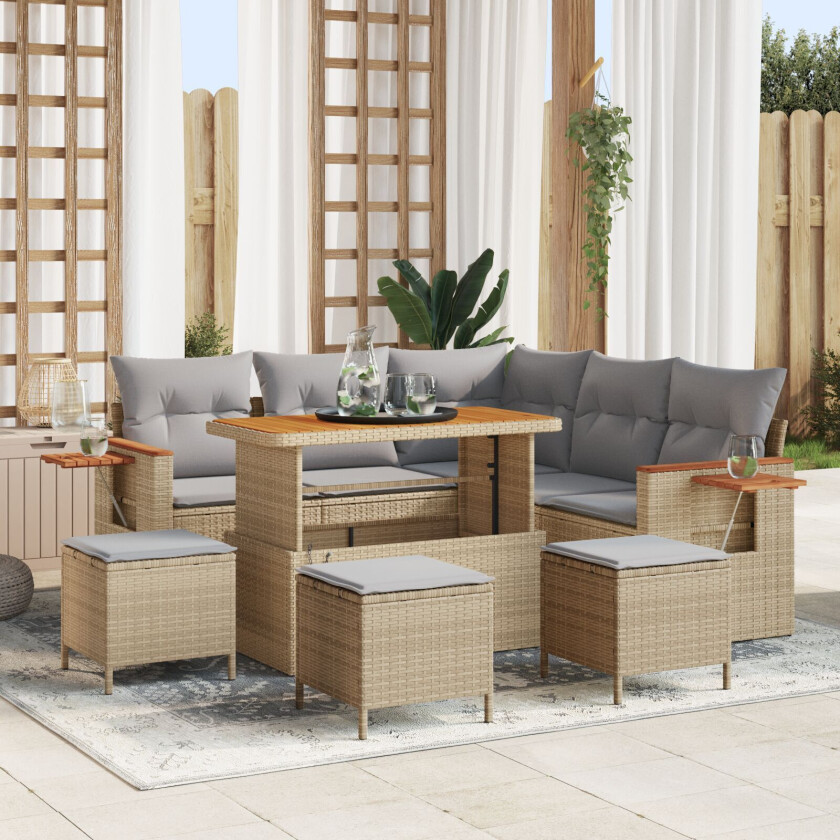 8-delt hage sofa sett med puter Beige Poly Rattan Akacia, 3-delt hage spisesett med puter Beige Poly Rattan Akacia