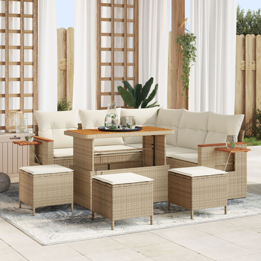 8-delt Hagesofa Sett med Puter Beige Poly Rattan Acacia, 3-delt Hage Spisestuesett med Puter Beige Poly Rattan Acacia
