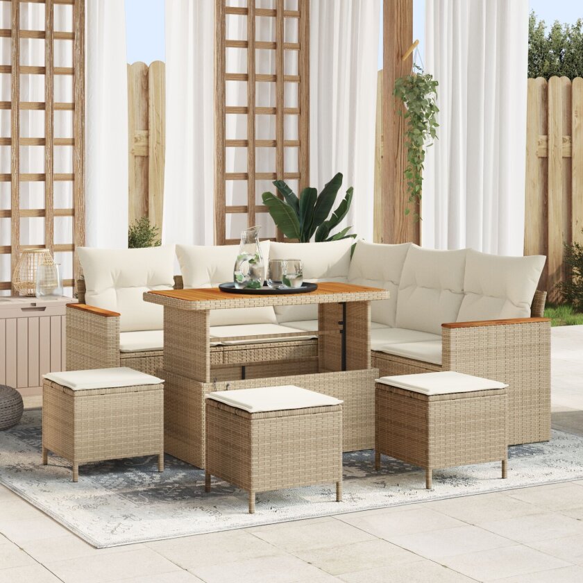8 Delt Hage Sofa Sett med Puter Beige Poly Rattan Akacia, 3 Delt Hage Spisestue Sett med Puter Beige Poly Rattan Akacia