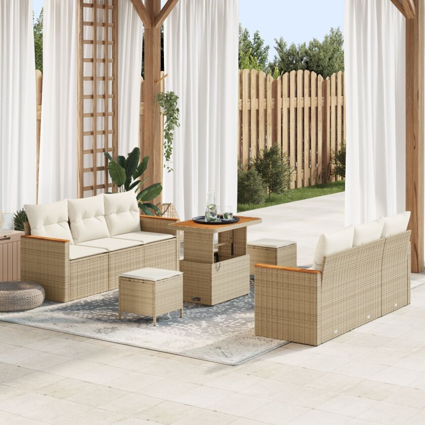 9 Delers Hage Sofa Sett med Puter Beige Poly Rattan Acacia, 3 Delers Hage Spise Sett med Puter Beige Poly Rattan Acacia