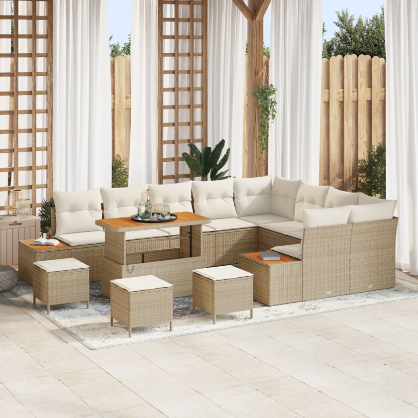 12-delt hagemøbelsett med puter Beige Poly Rattan Akasie, 3-delt hage spisebordsett med puter Beige Poly Rattan Akasie