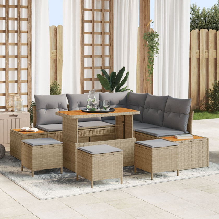9 delers hagesofa sett med puter beige poly rattan akasie, 4 delers hage spisebord sett med puter beige poly rattan akasie