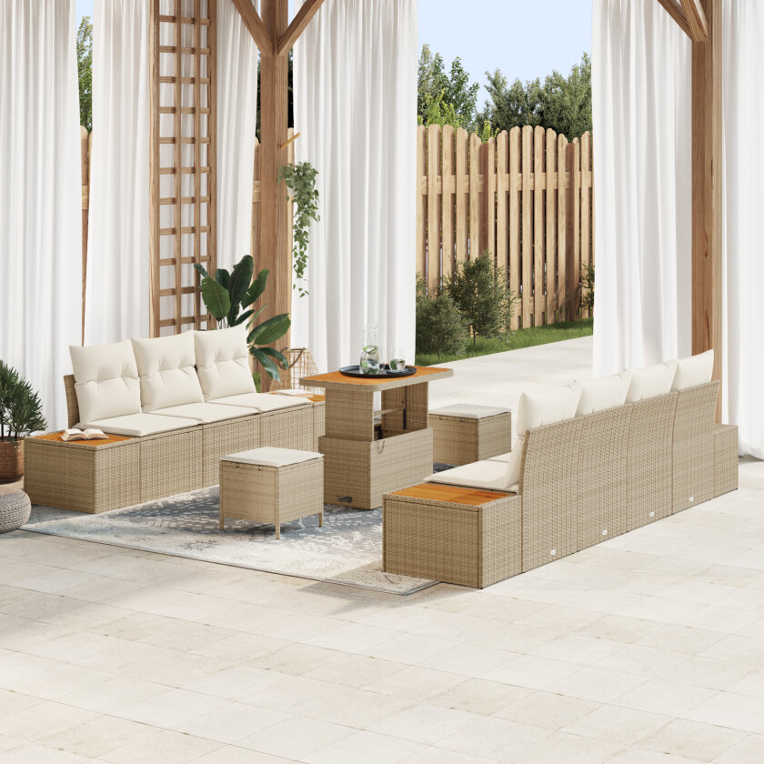10 Delers Hage Sofa Sett med Puter Beige Poly Rattan Akacia, 3 Delers Hage Spise Sett med Puter Beige Poly Rattan Akacia