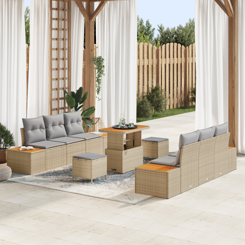 9-delers hagesofa-sett med puter Beige Poly Rattan, 3-delers hagedining-sett med puter Beige Poly Rattan