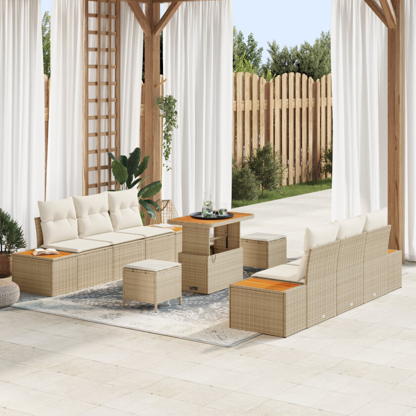 9 Delt Hage Sofa Sett med Puter Beige Poly Rottinng, 3 Delt Hage Spise Sett med Puter Beige Poly Rottinng