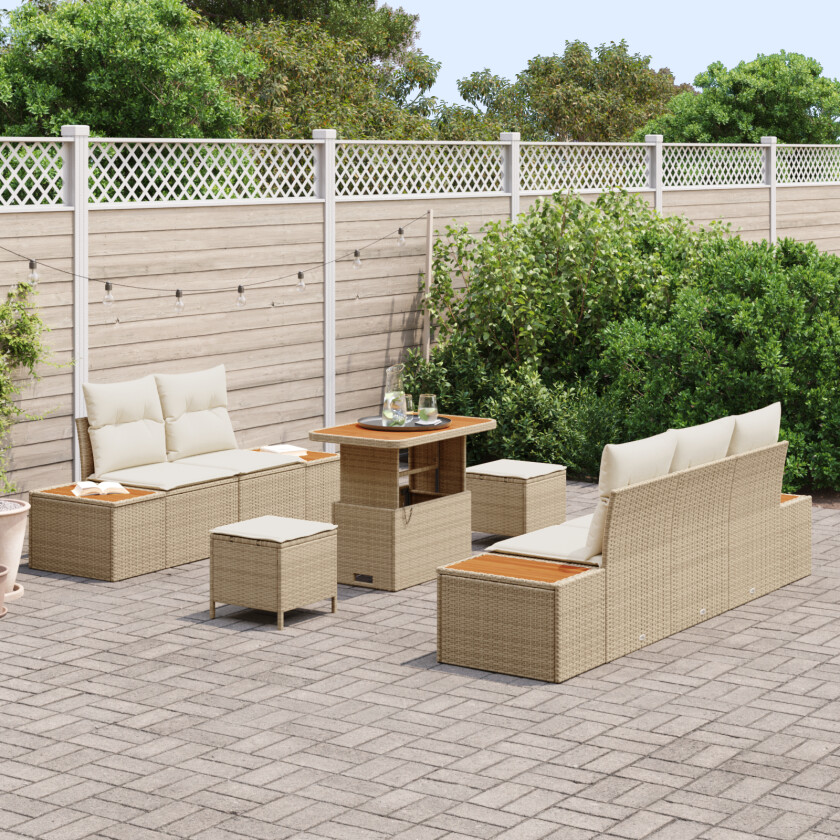 8 Delt Hagesofa Sett med Puter Beige Poly Rattan Akasie, 3 Delt Hage Spise Sett med Puter Beige Poly Rattan Akasie