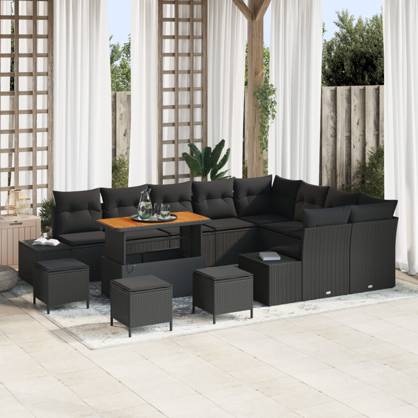 13 Delt Hage Sofa Set med Puter Svart Poly Rattan Akasie, 2-seters Hage Sofa med Oppbevaring & Puter Svart Poly Rattan, 4 Delt Hage Spise Set med Puter Svart Poly Rattan Akasie