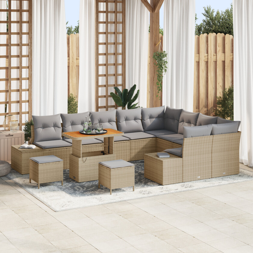 12 Delt Hagesofa Set Med Puter Beige Poly Rattan Akasietre, 3 Delt Hage Spiseset Med Puter Beige Poly Rattan Akasietre, 2-seters Hagesofa Med Puter Beige Poly Rattan