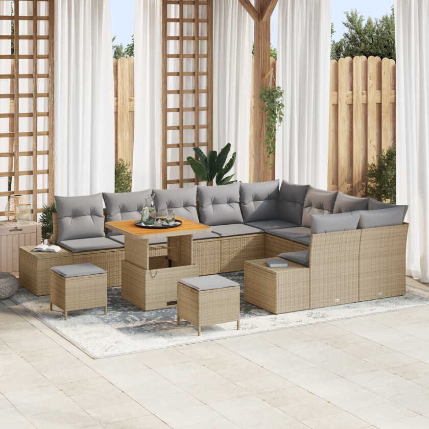 12 Delt Hage Sofa Set Med Puter Beige Poly Rattan Akacia, 3 Delt Hage Spise Set Med Puter Beige Poly Rattan Akacia, 2-seters Hage Sofa Med Puter Beige Poly Rattan
