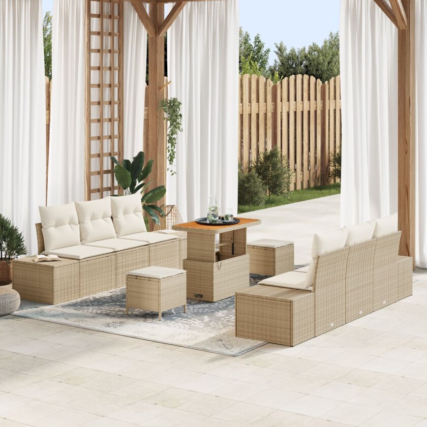 9 Deler Hagesofa Sett med Puter Beige Polyrotting Akacia, 2-seter Hagesofa med Puter Beige Polyrotting, 3 Deler Hage Spisestue Sett med Puter Beige Polyrotting Akacia