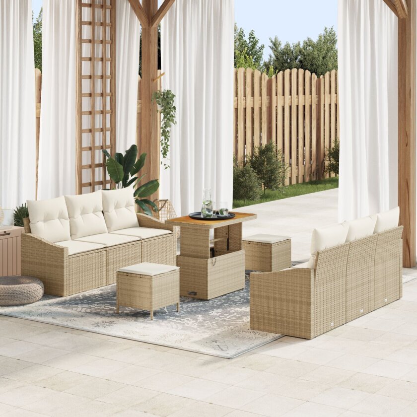 9-delt hagesofa sett med puter beige poly rattan akasia, 2-seters hagesofa med puter beige poly rattan, 3-delt hage spisebord sett med puter beige poly rattan akasia
