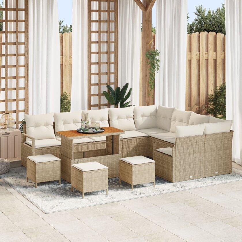 12 Delt Hage Sofa Set med Puter Beige Poly Rattan Akasie, 3 Delt Hage Spisebord Set med Puter Beige Poly Rattan Akasie, 2-seters Hage Sofa med Puter Beige Poly Rattan