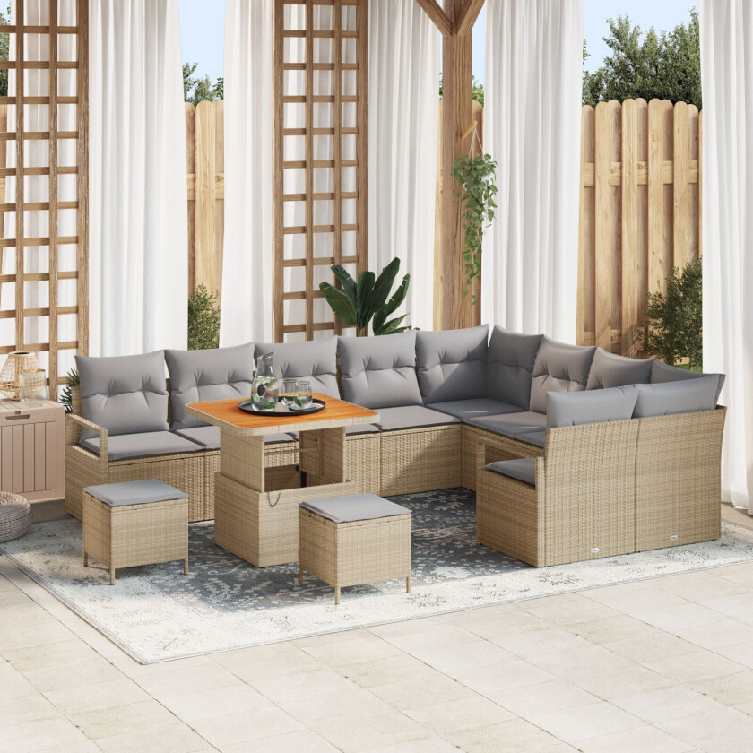 12-delt hagesofa med puter beige poly rattan akasie, 3-delt hagespisestett med puter beige poly rattan akasie, 2-seters hagesofa med puter beige poly rattan