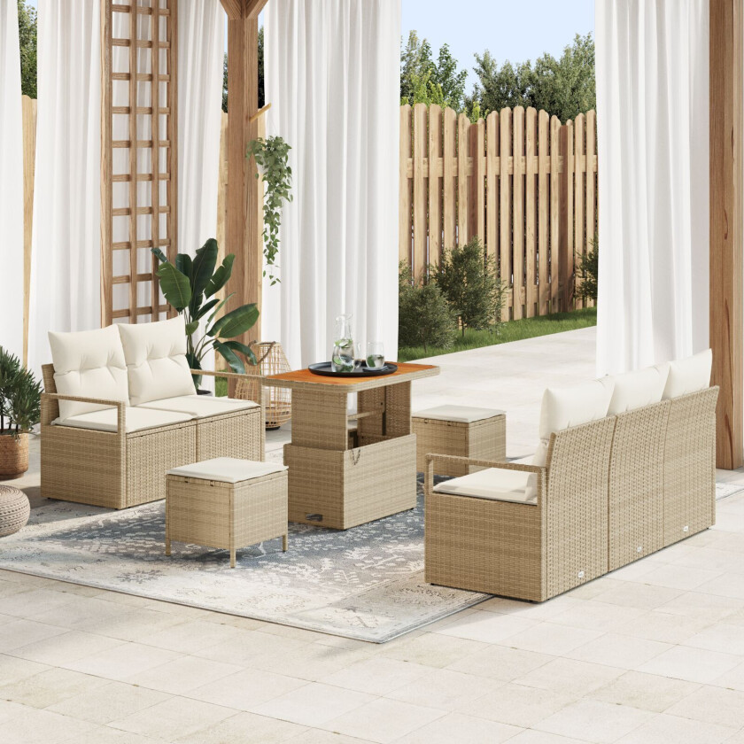 8-delt hagemøbelsett med puter beige poly rotting akacia, 2-seters hagesofa med puter beige poly rotting, 3-delt hage spisebordsett med puter beige poly rotting akacia