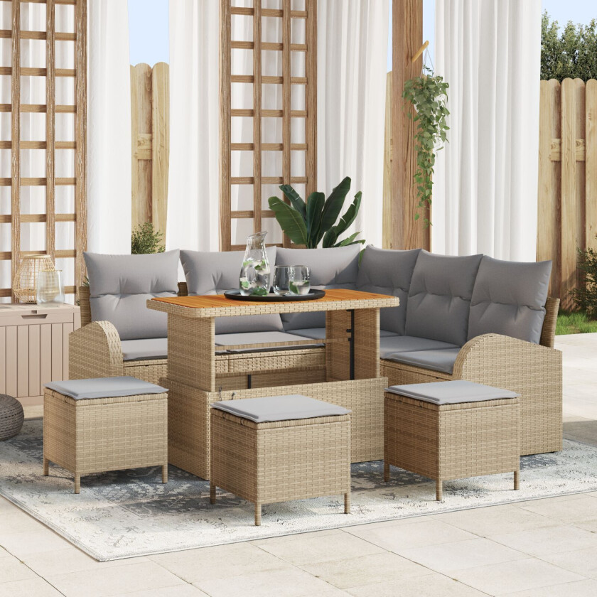 8-delers hagesofa set med puter Beiget Poly Rattan Akasie, 2-seters hagesofa med puter Beiget Poly Rattan, 3 delers hage spisebordsett med puter Beiget Poly Rattan Akasie