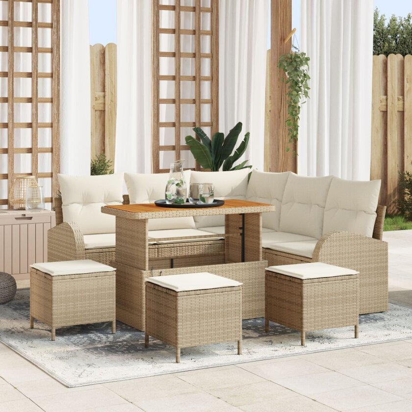 8 deler hagesofa sett med puter beige poly rattan akasie, 2-seters hagesofa med puter beige poly rattan, 3 deler hage spisebord sett med puter beige poly rattan akasie