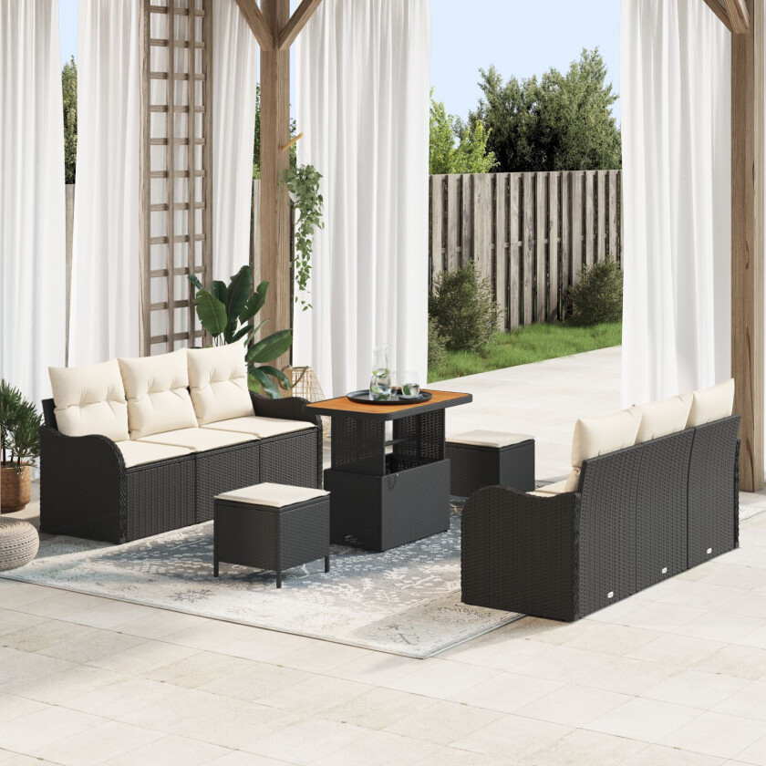 9 delers Hage Sofa Set med Puter Svart Poly Rattan Acacia, 2-seters Hage Sofa med Puter Svart Poly Rattan, 3 delers Hage Spise Set med Puter Svart Poly Rattan Acacia