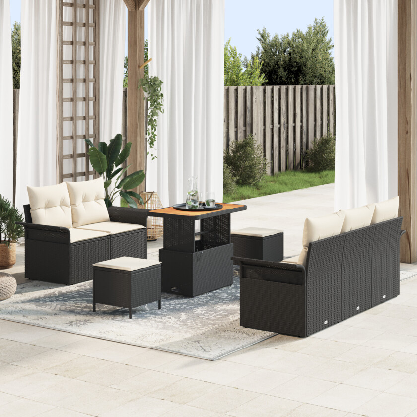 8 Delt Hage Sofa Set med Puter Svart Poly Rattan Akasie, 2-seters Hage Sofa med Oppbevaring og Puter Svart Poly Rattan, 3 Delt Hage Spise Set med Puter Svart Poly Rattan Akasie