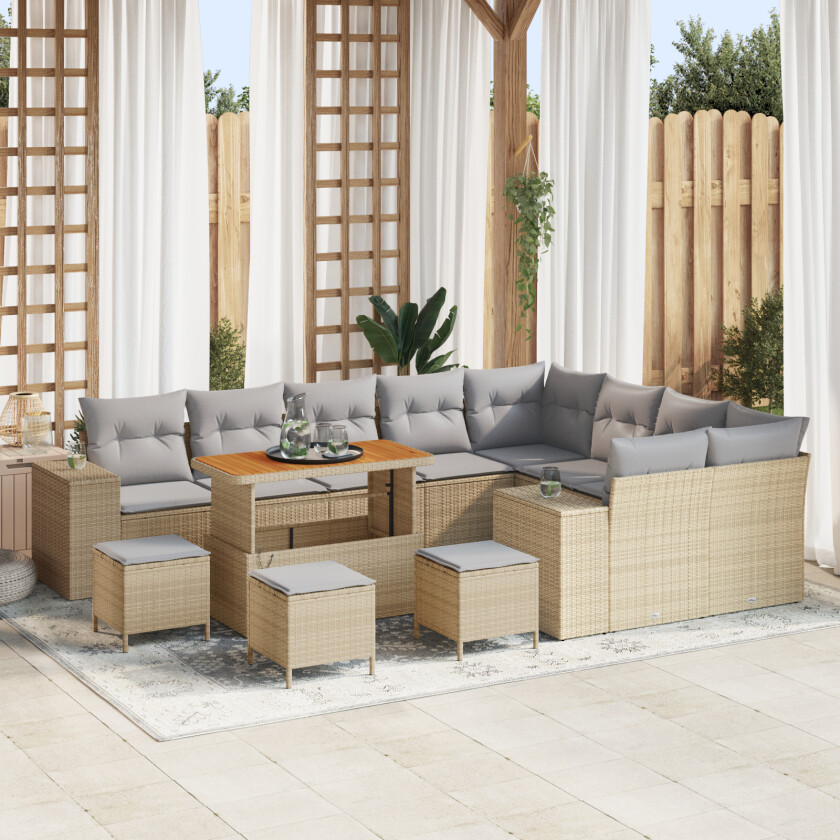 13-delt Hage Sofa Sett med Puter Beige Poly Rattan Akacia, 4-delt Hage Spisesett med Puter Beige Poly Rattan Akacia