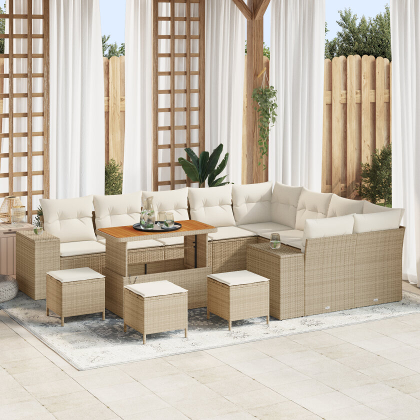 13-delt Hagesofa Set med Puter Beige Poly Rattan Akacia, 4-delt Hage Spisebord Set med Puter Beige Poly Rattan Akacia