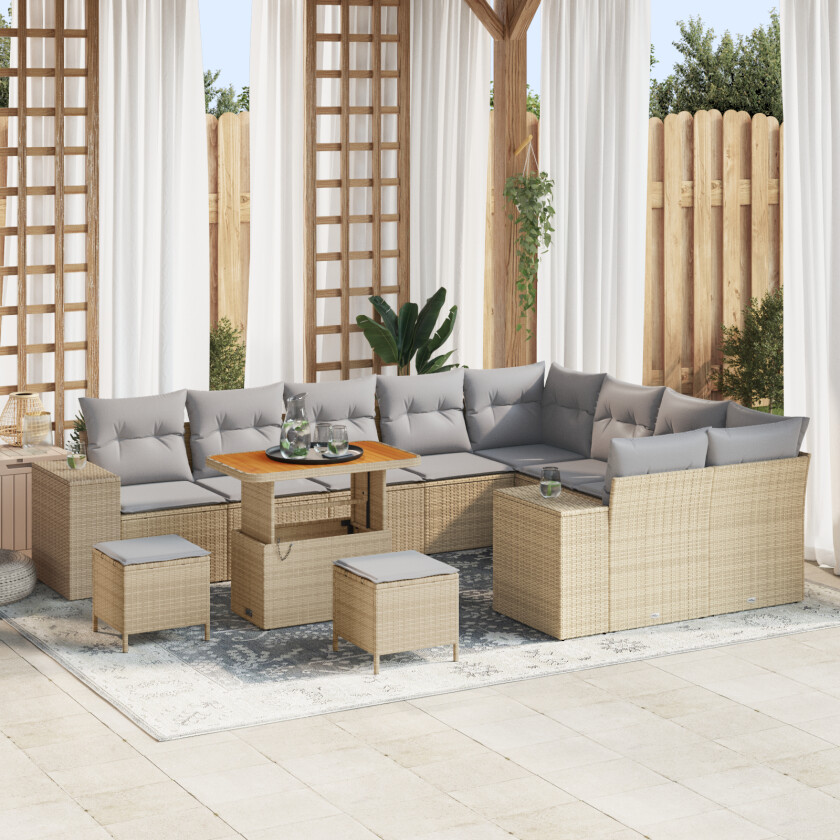 12-delers hagesofa sett med puter i beige Poly Rattan Acacia, 3-delers hage spise sett med puter i beige Poly Rattan Acacia