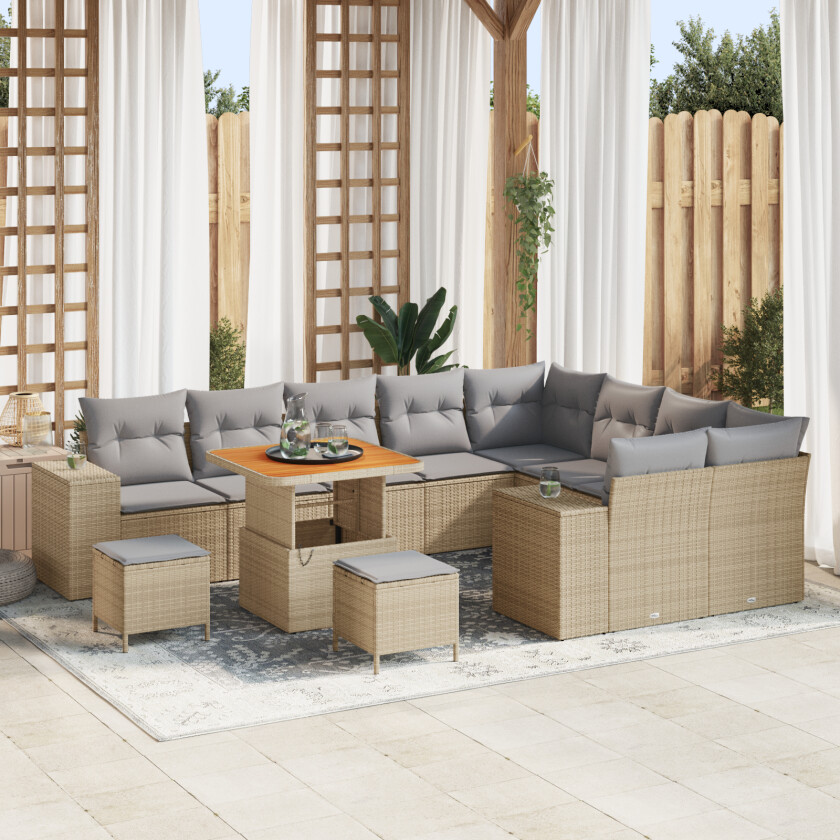 12 Delers Hage Sofa Sett med Puter Beige Poly Rattan Acacia, 3 Delers Hage Spise Sett med Puter Beige Poly Rattan Acacia