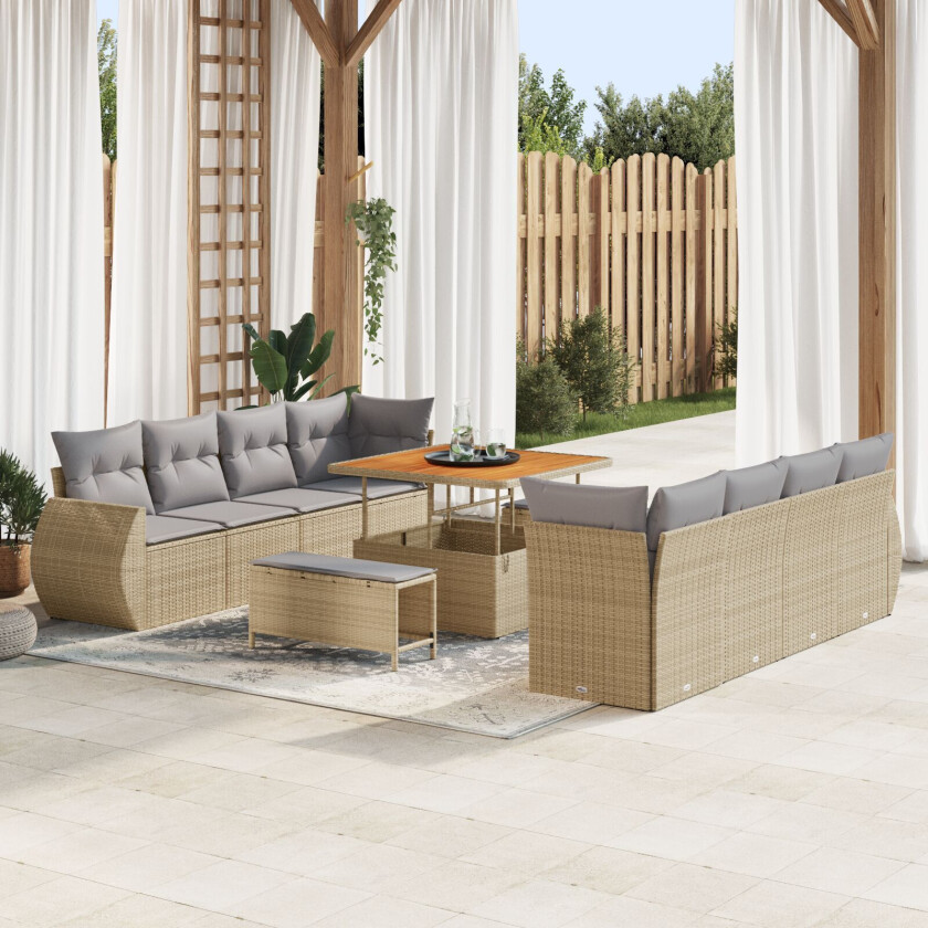 11 Delers Hage Sofa Sett med Puter Beige Poly Rattan Akacia, 3 Delers Hage Spise Sett med Puter Beige Poly Rattan Akacia