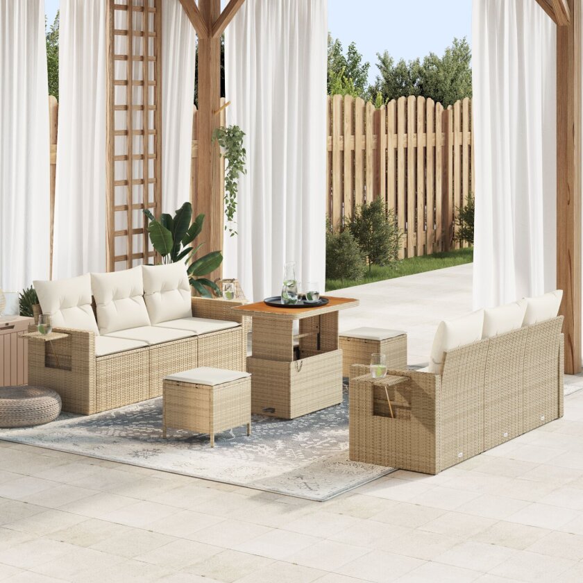 9 Delers Hage Sofa Sett Med Puter Beige Poly Rotting Akacia, 3 Delers Hage Spisesett Med Puter Beige Poly Rotting Akacia