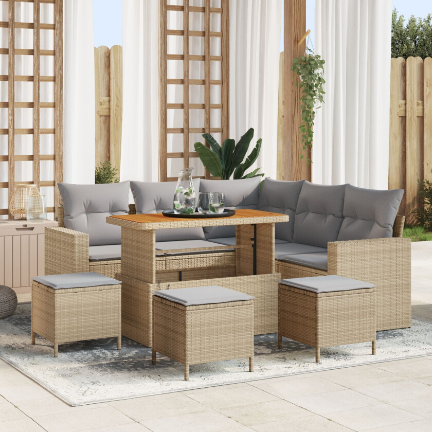 8-delt hagesofa-sett med puter i beige poly rattan akasie, 3-delt hage spise-sett med puter i beige poly rattan akasie
