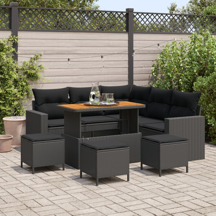 Hagesofa Set for 8 personer med puter - Svart Poly Rattan Akasie, Hage Spisesett for 3 personer med puter - Svart Poly Rattan Akasie