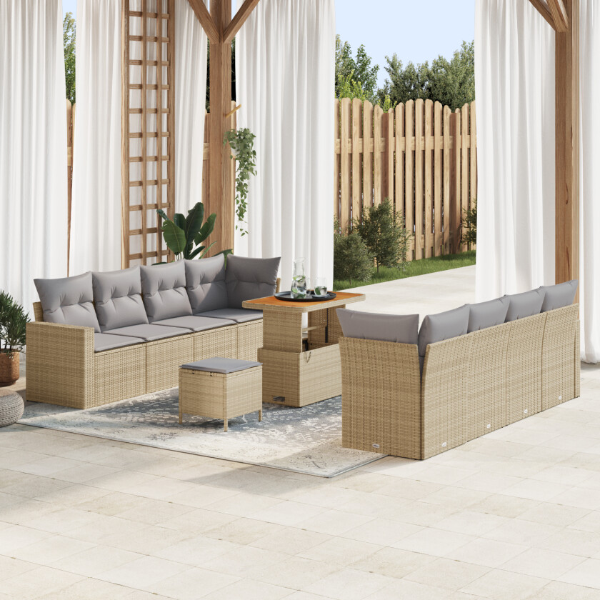 11-delt Hage Sofa Set Med Puter Beige Poly Rattan Akacia, 3-delt Hage Spisestue Set Med Puter Beige Poly Rattan Akacia