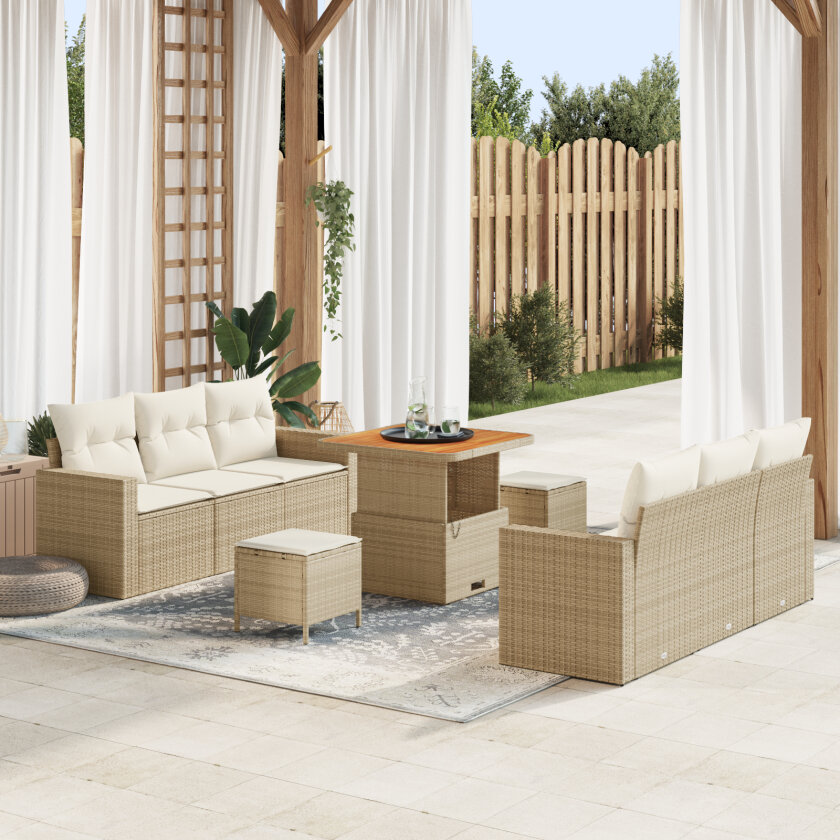 9 Delers Hagesofa Sett med Puter Beige Poly Rattan Akasie, 3 Delers Hage Spisebord Sett med Puter Beige Poly Rattan Akasie