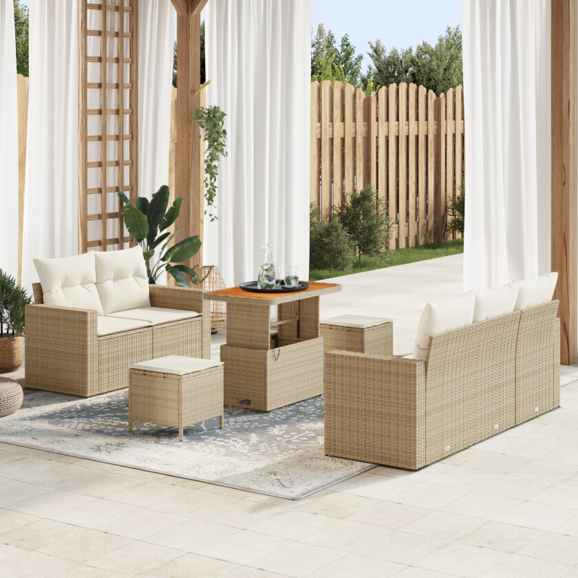 8 Delt Hagemøbelsett med Puter Beige Poly Rattan Akacia, 3 Delt Hage Spisesett med Puter Beige Poly Rattan Akacia