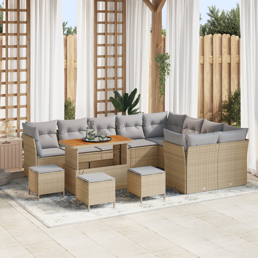13 Delt Hage Sofa Set med Puter Beige Poly Rattan Akasie, 4 Delt Hage Spise Set med Puter Beige Poly Rattan Akasie