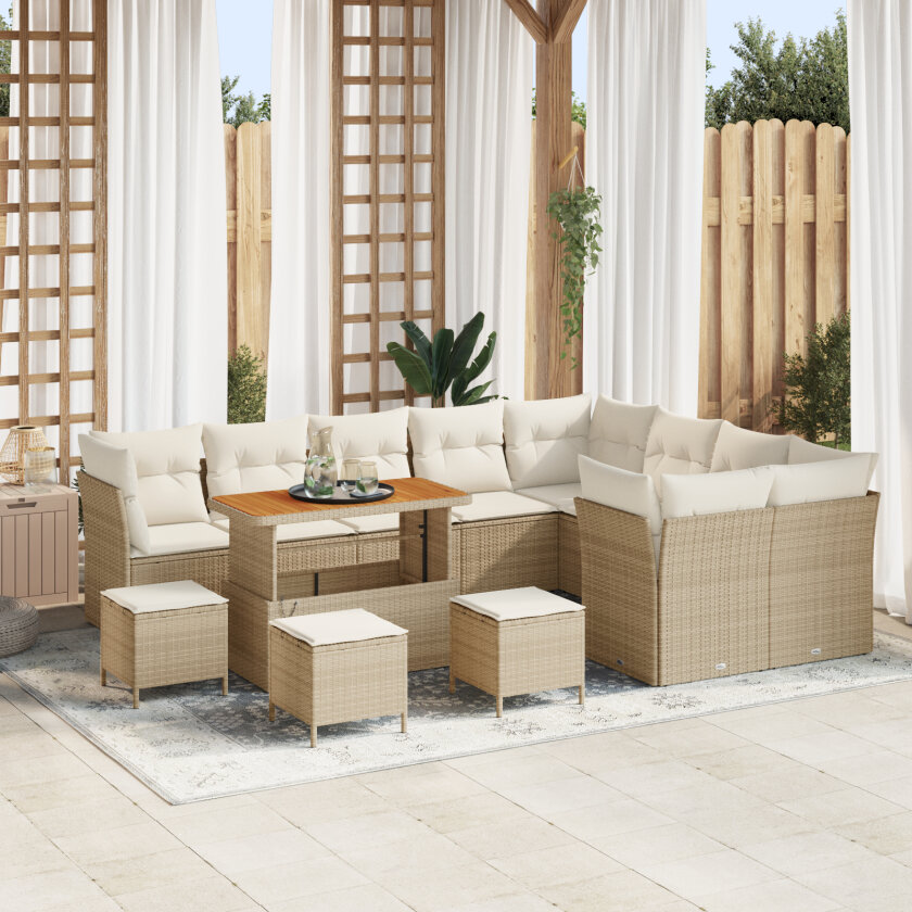 13 deler hagesofa-sett med puter beige poly rattan akasia, 4 deler hage spisebord sett med puter beige poly rattan akasia