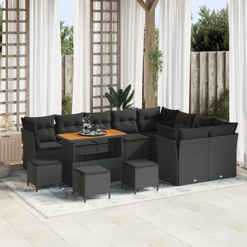13-delers Hage Sofa Set med Puter Svart Poly Rattan, 4-delers Hage Spisebord Set med Puter Svart Poly Rattan