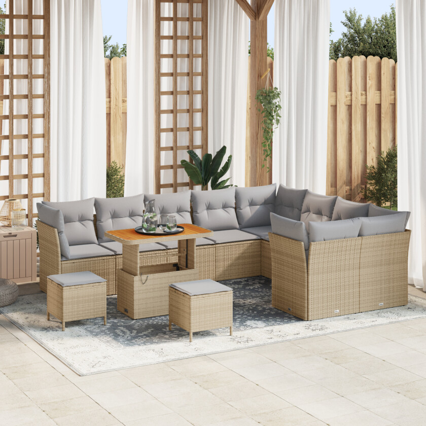 12-delt Hage Sofa Set med Puter Beige Poly Rattan Akasie, 3-delt Hage Spisesett med Puter Beige Poly Rattan Akasie