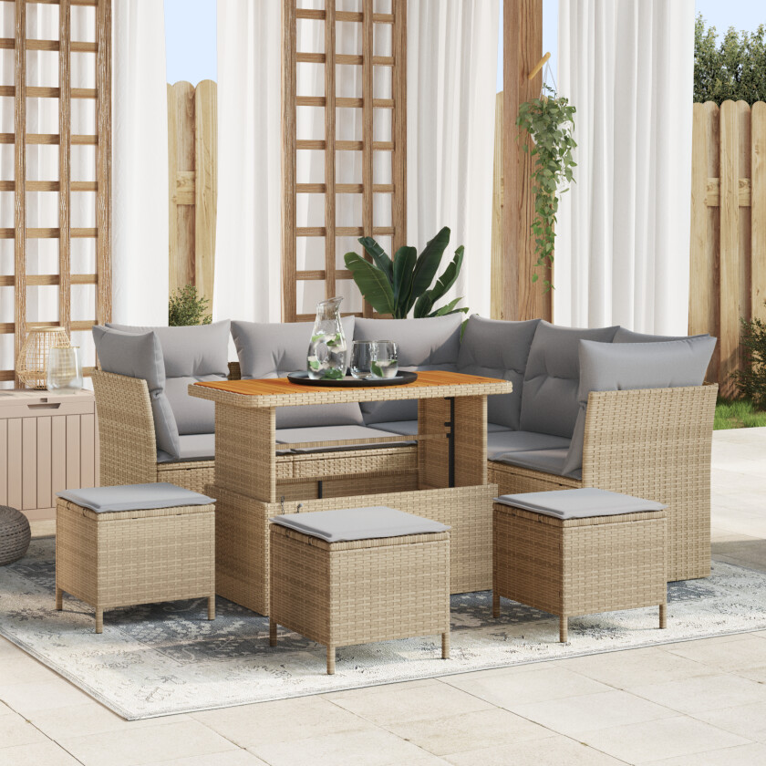 9 Delt Hage Sofa Set med Puter Beige Poly Rattan Akacia, 4 Delt Hage Spise Set med Puter Beige Poly Rattan Akacia